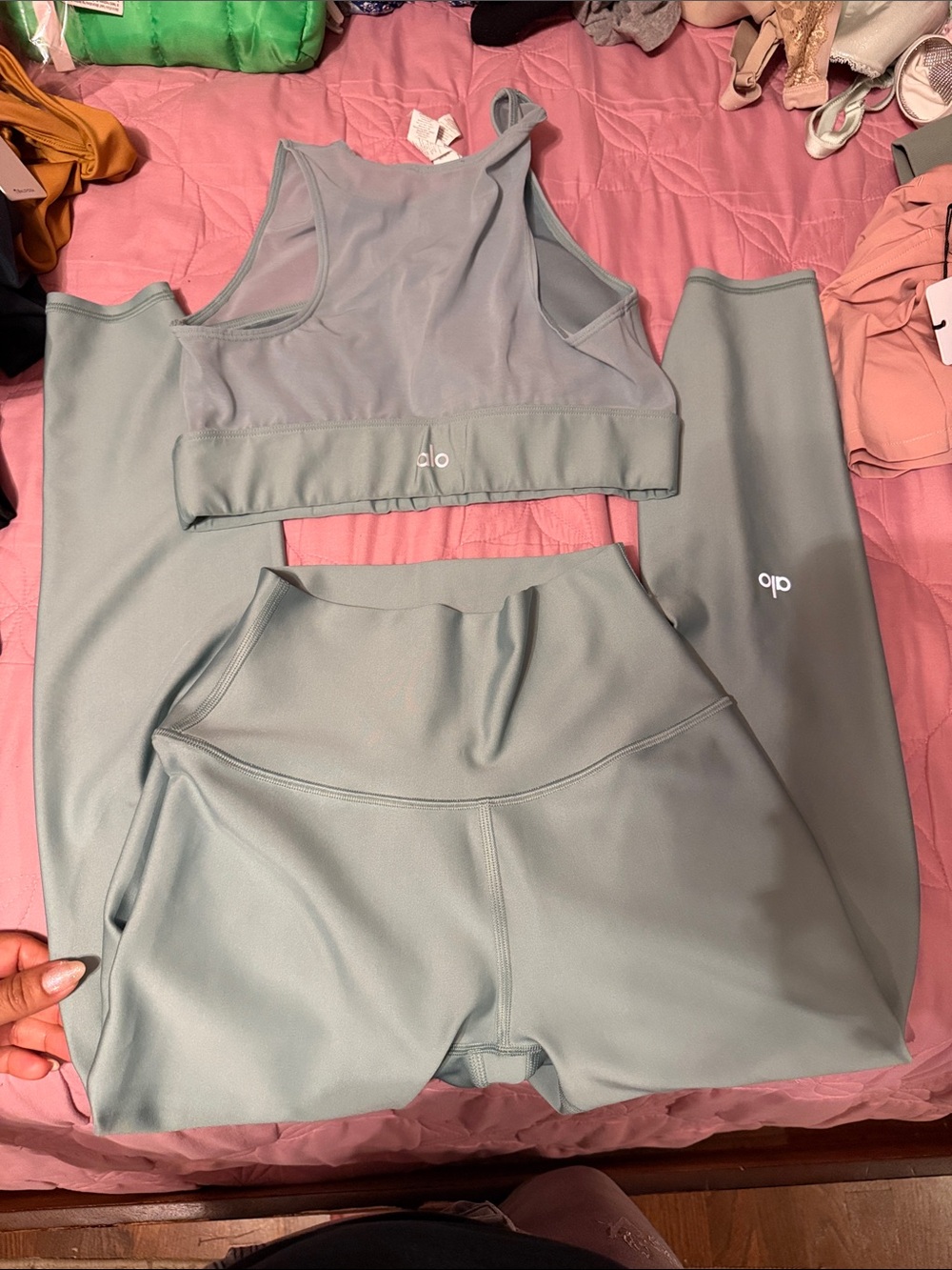 ALO Yoga Sage Green High-Waist Leggings & Mesh Racerback Sports Bra Set